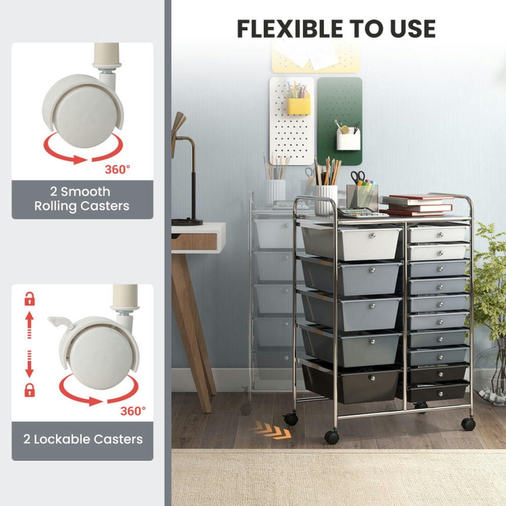 Resenkos Filing Cabinet Office Drawers, Office Storage Cabinet,15-Drawer Utility Rolling Organizer Cart Multi-Use Storage-Black & Gray