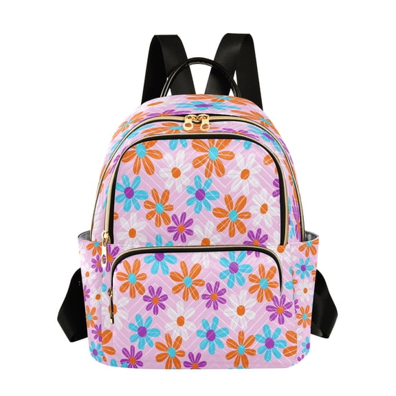Qxltty Quilted Backpack for Women, Playful Daisy Print Travel Daypack with Front Pocket for Casual Daily Use
