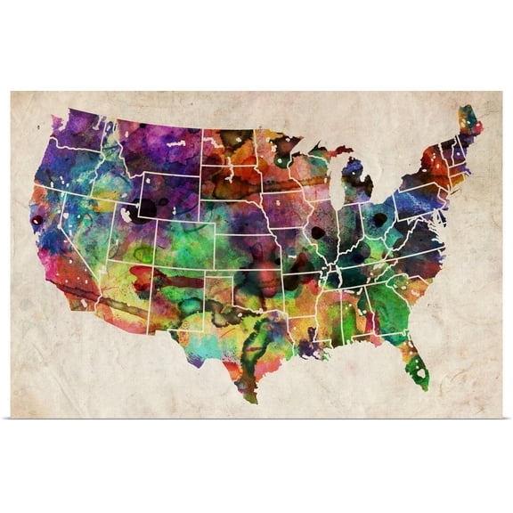 Great BIG Canvas | Rolled Michael Tompsett Poster Print entitled USA Watercolor Map