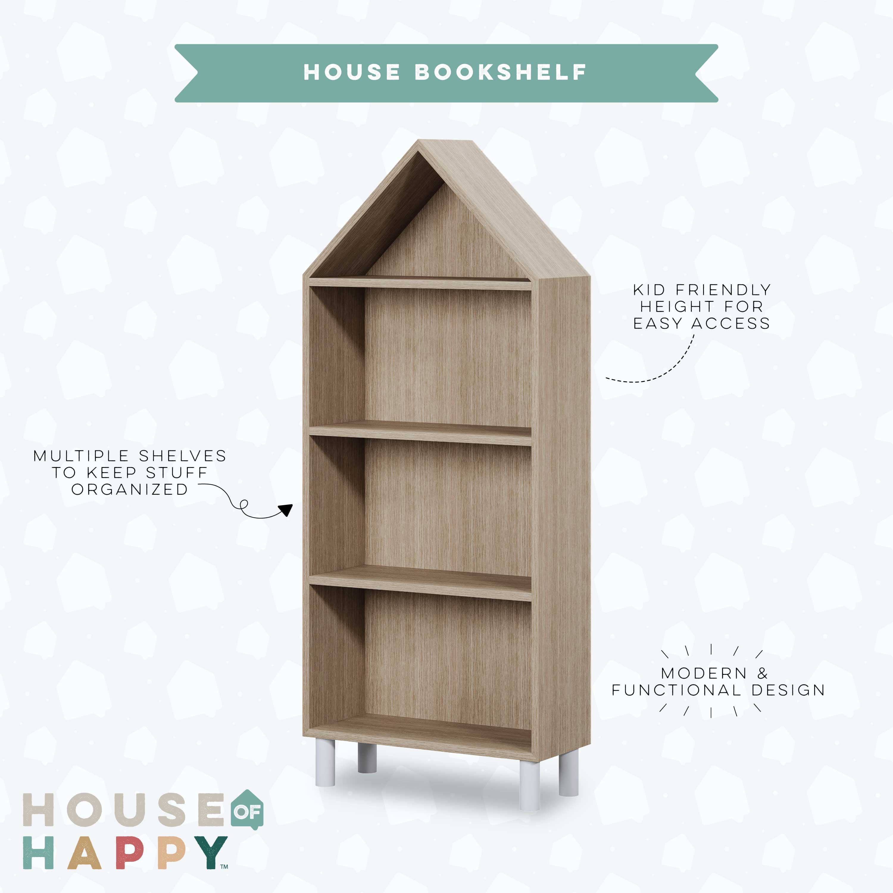 House of Happy, House Shaped Bookshelf, Natural