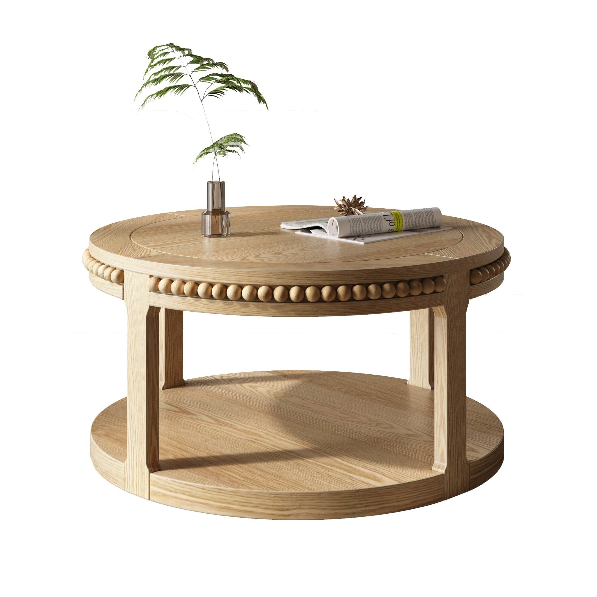 31.5" Round Solid Wood Coffee Table, 2 Tier Wood Coffee Table with Shelf, Modern Center Table for Living Room Sofa Table, Natural