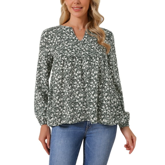 INSPIRE CHIC Women's Floral Blouses V Neck Long Sleeve Babydoll Flowy Spring Summer Top S Black