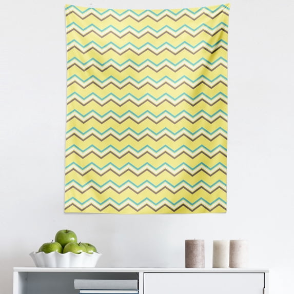 Yellow Chevron Tapestry, Zigzag Lines in Horizontal Direction Retro Style Display, Fabric Wall Hanging Decor for Bedroom Living Room Dorm, 5 Sizes, Charcoal Grey Sky Blue, by Ambesonne