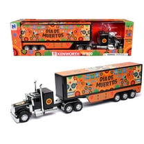 Kenworth W900 Truck Black with Graphics and Dry Van Trailer "Dia De Muertos" 1/32 Diecast Model by New Ray