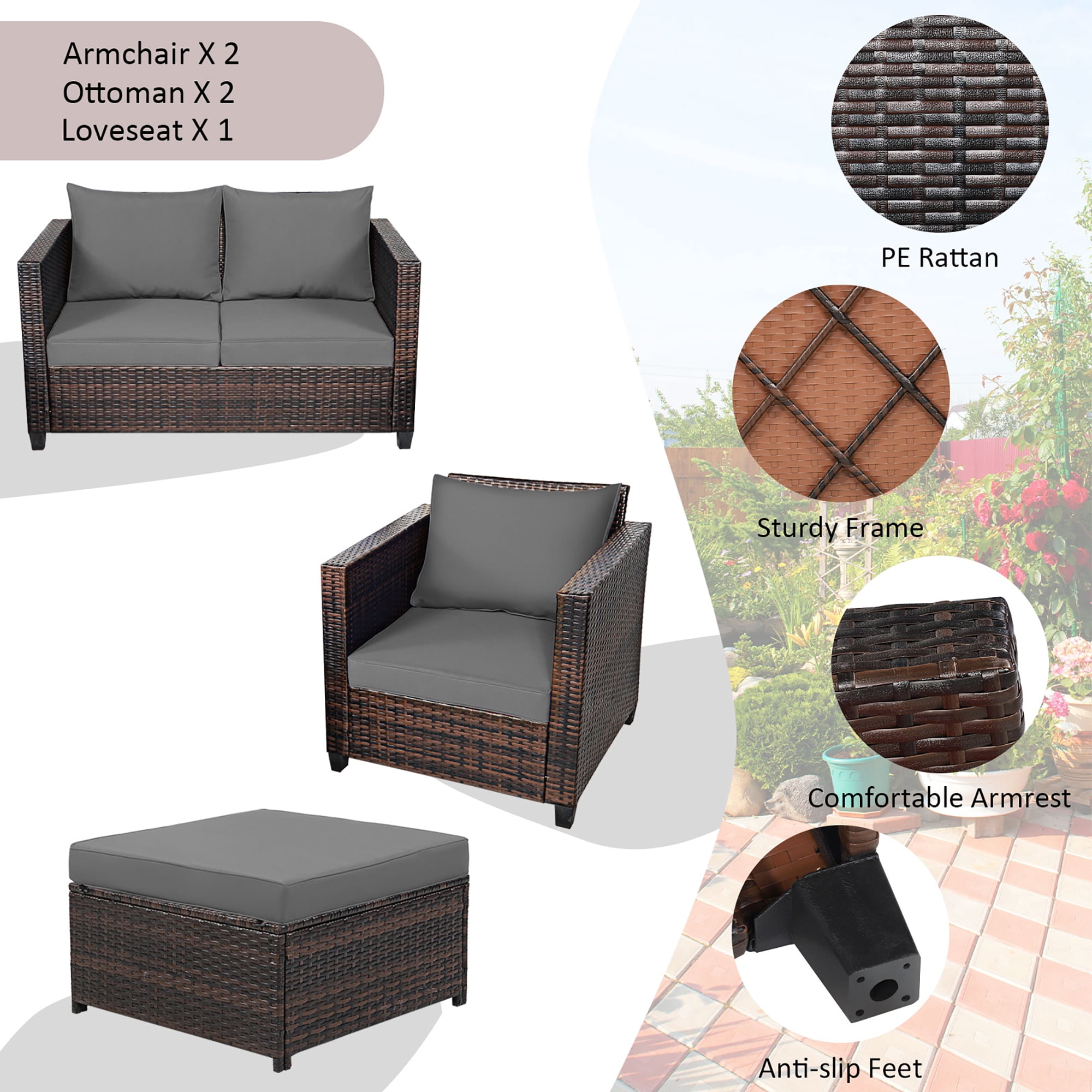 Costway 5PCS Patio Rattan Furniture Set Loveseat Sofa Ottoman Cushioned Gray