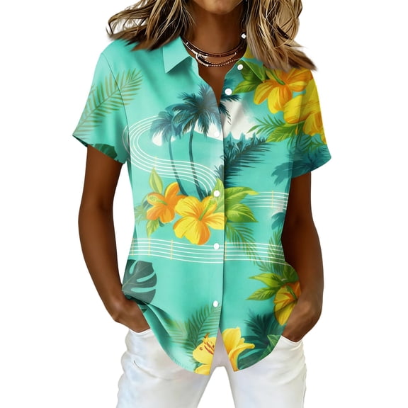 Sewkxo Hawaiian Shirts for Womans Floral Print Short Sleeve Lapel Collared Button Down Tropical Beach Shirt 2026 Fashion Baggy Fit Party Holiday T Shirt,Light Green M