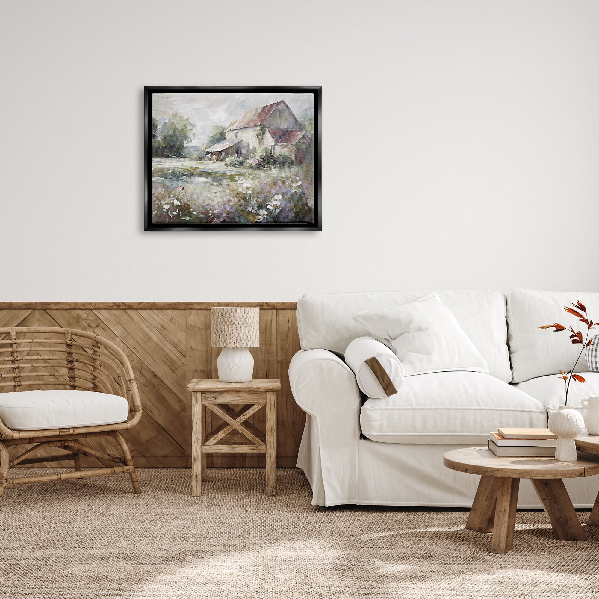 Stupell Industries Muted Cottage Meadow Landscape Painting Black Floater Framed Canvas Art Print Wall Art, 31 x 25