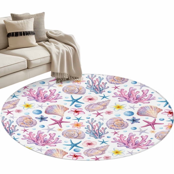 Beach Coastal Round Rug 3ft Washable Circle Entryway Rugs Non Slip Ocean Summer Nautical Shell Starfish Coral Area Rug Indoor Floor Carpet for Bedroom Kitchen Living Room Office Dining Room Nursery