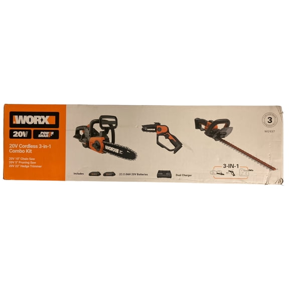 Open Box Worx WG937 22" Hedge Trimmer, 5" Pruning Saw, 10" Cordless Chainsaw Combo Kit