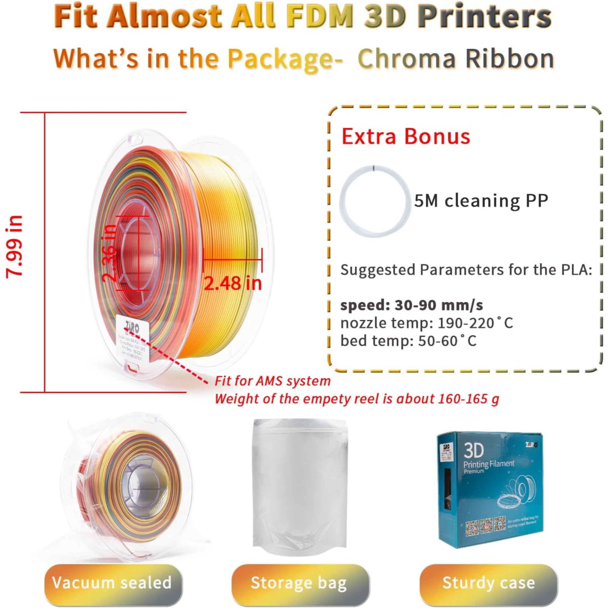 Ziro 3D Gradient Silk PLA Filament 1.75mm 1kg, Chroma Ribbon