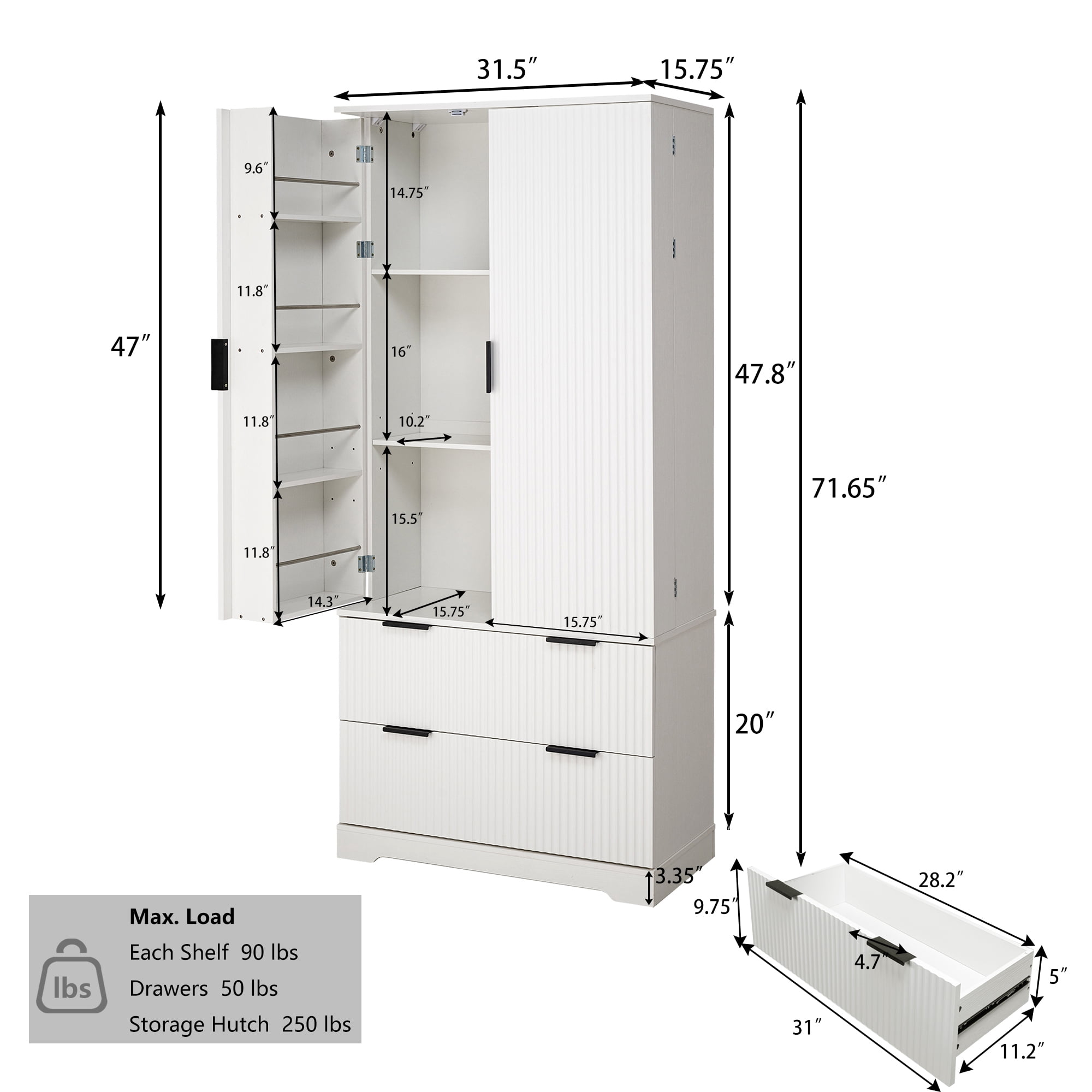 Mintazer 72" Modern Fluted French Kitchen Pantry Cabinet with 2 Large Drawers, Freestanding Storage Cabinet with Spice Racks for Kitchen Living Room Dining Room, White