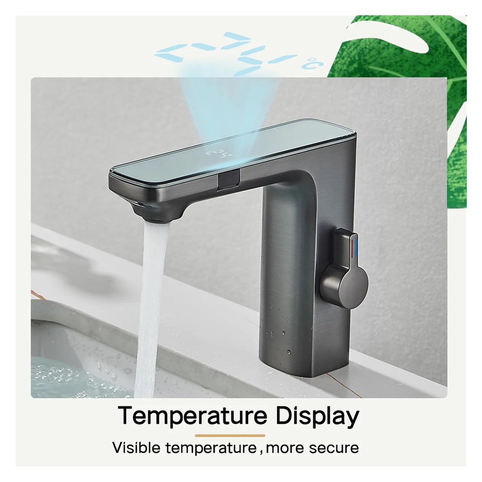 Touchless Sensor Basin Faucet, Brass Smart Digital Display Bathroom Sink Faucet, Grey Sense Hot Cold Water Mixer Tap Battery Power