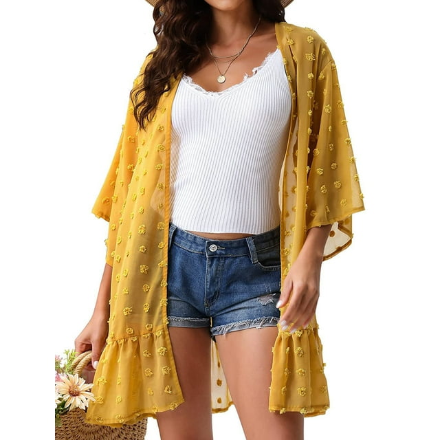 Fashnice Kimono Cardigan Décontracté pour Femmes, Couverture d'Été, Couleur Unie, Plage, Jaune TP