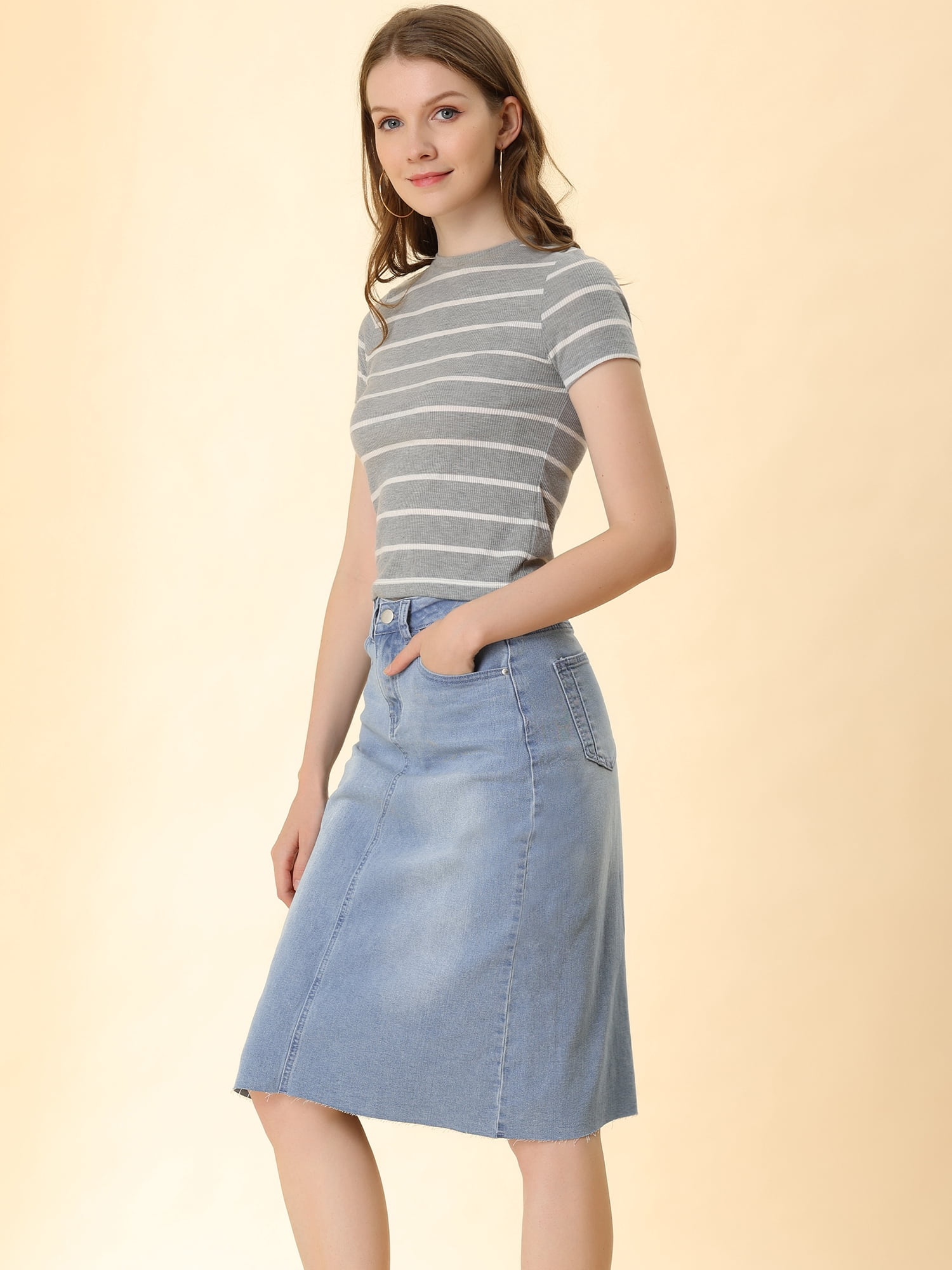 DARING DIVA Women's Jean Back Vent Midi Length Denim Skirts L Light Blue