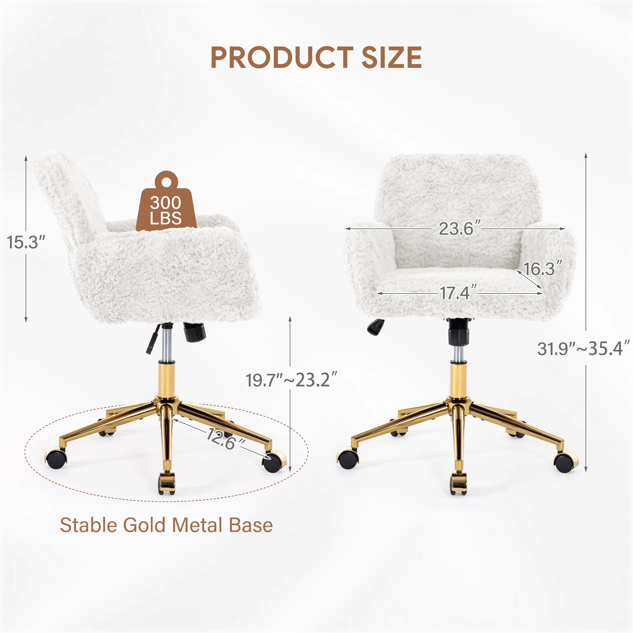 PAPROOS Vanity Chair with Back, Adjustable Swivel Makeup Desk Chair with Wheels and Arms, Fluffy Home Office Task Chair with Artificial Rabbit Hair for Bedroom, Dorm, Study Room, Beige