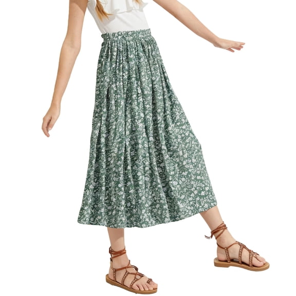 Girls Boho Floral Cute Summer Maxi Skirts, Casual Elastic High Waisted Swing Loose A-Line Skirts for 5-14 Years