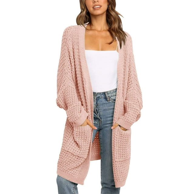 Coloody Womens Open Front Slouchy Sweaters Long Batwing Sleeve Oversized Knit Cardigans with Pocket