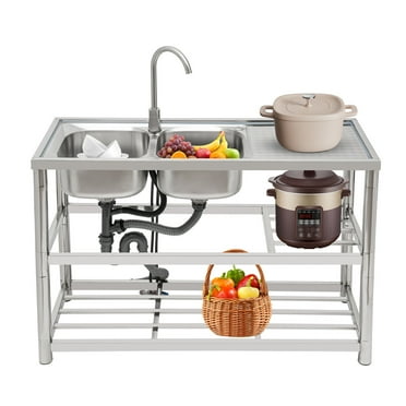 TFCFL 2 Compartment Commercial Freestanding Utility Sink Stainless Steel Kitchen Sink Prep Table with Faucet