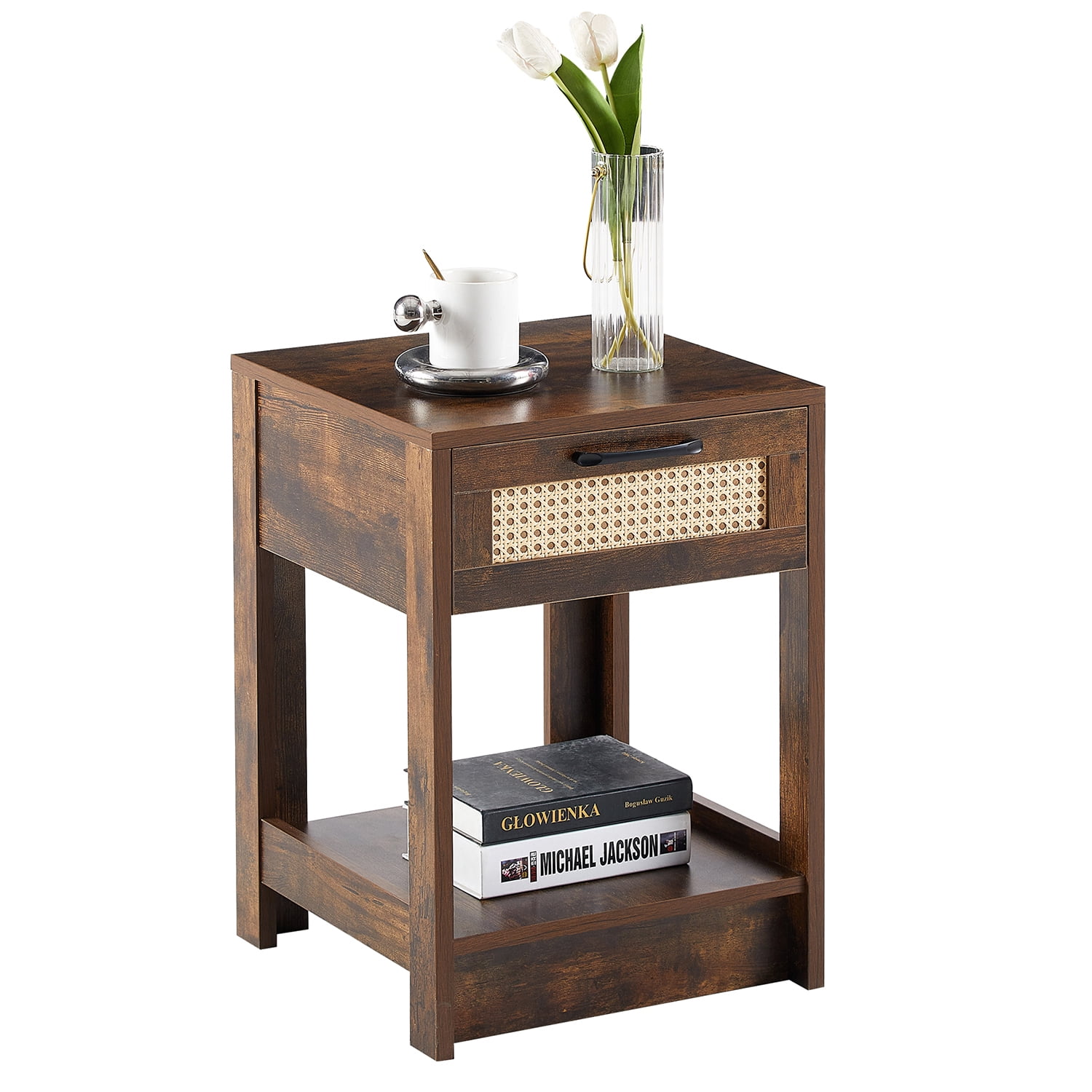 Kepooman 15.75" Rattan Night Table, Versatile Nightstand Bedside Table with a Drawer and Shelf, Modern End Side Table for Bedroom, Rustic Brown