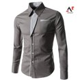 thumbnail image 1 of Am moda hombres cuello de pie manga larga Color bloque botón hasta camisa Slim Fit Toppangjing, 1 of 4
