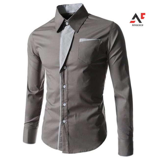 Am moda hombres cuello de pie manga larga Color bloque botón hasta camisa Slim Fit Toppangjing