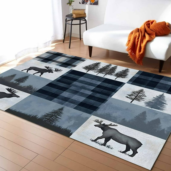 Area Rugs Indoor Non-Slip Rectangle Rug 5x7 Ft Modern Buffalo Plaid Blue Black Wildlife Deer Forest Vintage Rug Rubber Backing Floor Mats Non Shedding Home Decor Carpet for Entryway Living Room