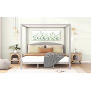 Bed Frame King Size Canopy Platform Bed with Headboard and Support Legs, Grey Wash