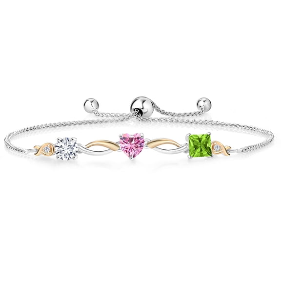 Gem Stone King 925 Silver and 10K Yellow Gold Pink Moissanite Green Peridot and Lab Grown Diamond Tennis Bracelet for Women By Keren Hanan (2.03 cttw, Adjustable up To 9 inch)