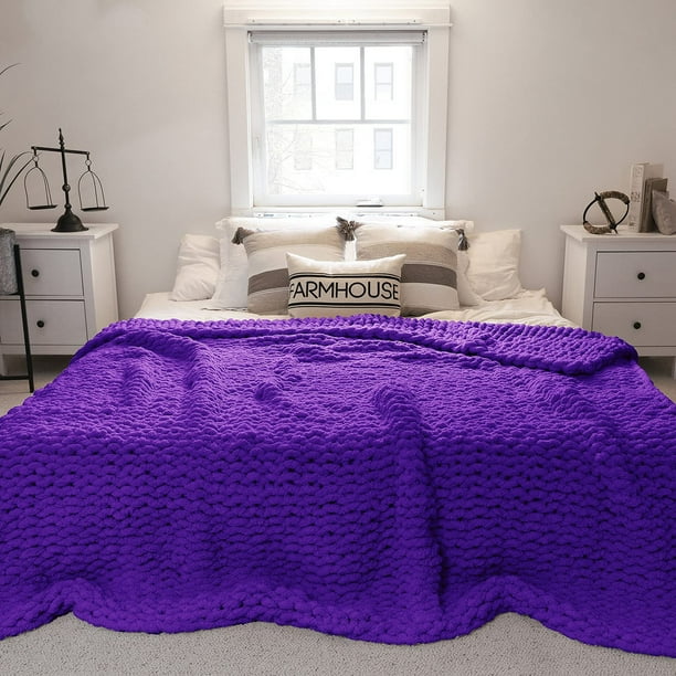 Modenna Chunky Knit Blanket Throws Chenille Throw Blanket, Dark Purple