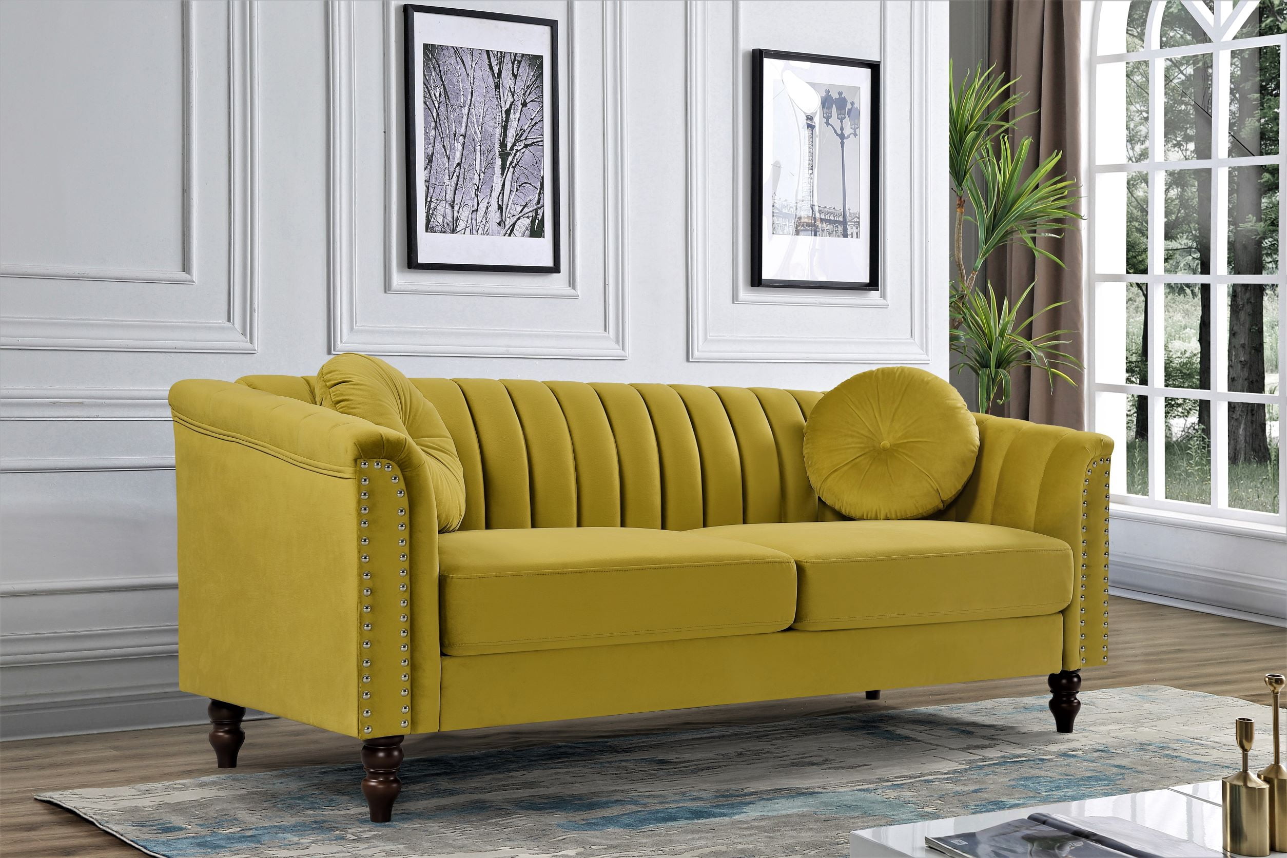 US PRIDE FURNITURE Hills Tufted Back Nailhead 75.2" Sofa-Yellow Green