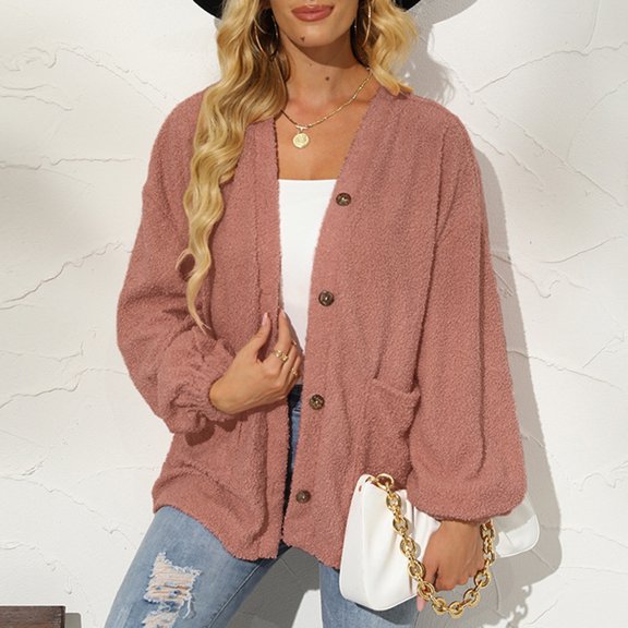 BEFOKA Women's Winter FuzzyCoats Long Sleeve Fleece Button Jacket Coats Trendy Outerwear Cardigan for Women 2025 Winter Flannel Outfits Casual Blouse Top Warm Clothes