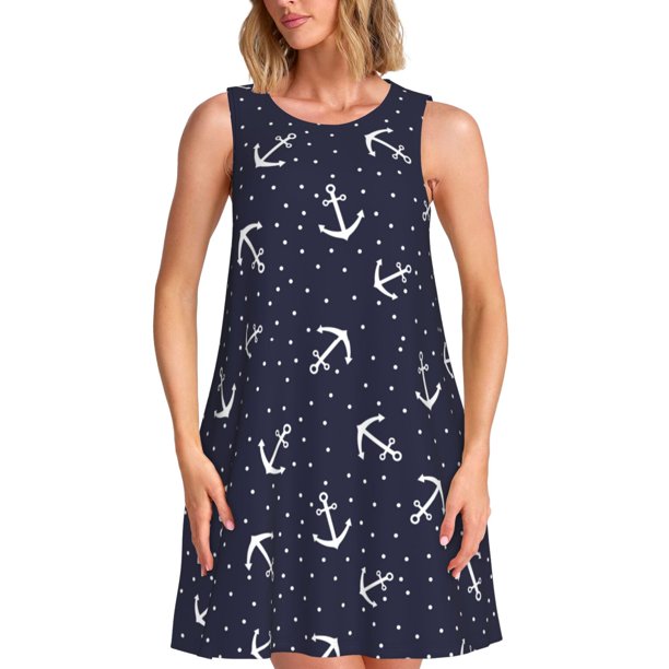 Fotbe Anchors Vestido de Verano sin Mangas para Mujer – Vestido Midi Línea A, Estilo Camiseta Floral, Vestido Playero Casual y Fluido