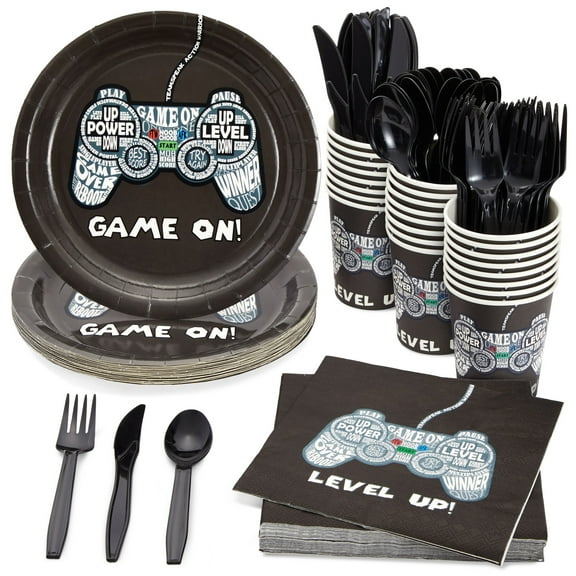 Juvale 144-Piece Video Game Party Supplies Set for Gamer Birthday Party Decorations - Black 9-Inch Plates, 9-Ounce Cups, Napkins & Cutlery - Disposable Tableware for Video Game Birthday Decorations