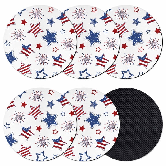 4th of July Coasters Set of 6, Independence Day Blue Red Star Fireworks Absorbent Coasters for Drinks, Coaster for Bar Office Dining Coffee Table Accessories Decor, Non Slip Round Desk Coaster