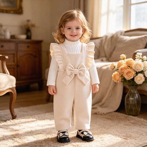 xaweyi Baby Girls 2‑Piece Outfit Ribbed Turtleneck Long Sleeve Top Ruffle Bow Suspender Pants Set Kids Winter Clothes Size 3-6 Months