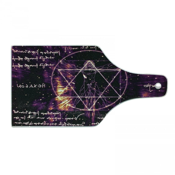 Geometry Cutting Board, Vitruvian Man with Occult Themes Secret of the Universe Graphic, Decorative Tempered Glass Cutting and Serving Board, Wine Bottle Shape, Purple, by Ambesonne