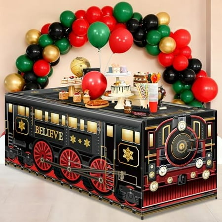 6Ft Christmas Express Train Tablecloth Decoration Vintage Believe Train Table Cover Washable Fabric Polyester Rectangle Railroad Table Covers Protector for Xmas Transportation Birthday Party Decors