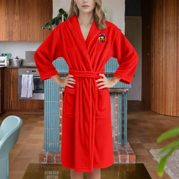 Pijama de franela con capucha y estampado de pecho para mujer, para Halloween, Acción de Gracias, terciopelo grueso, para usar en casa, batas de baño, pijamas largos y camisón de poliéster para mujer