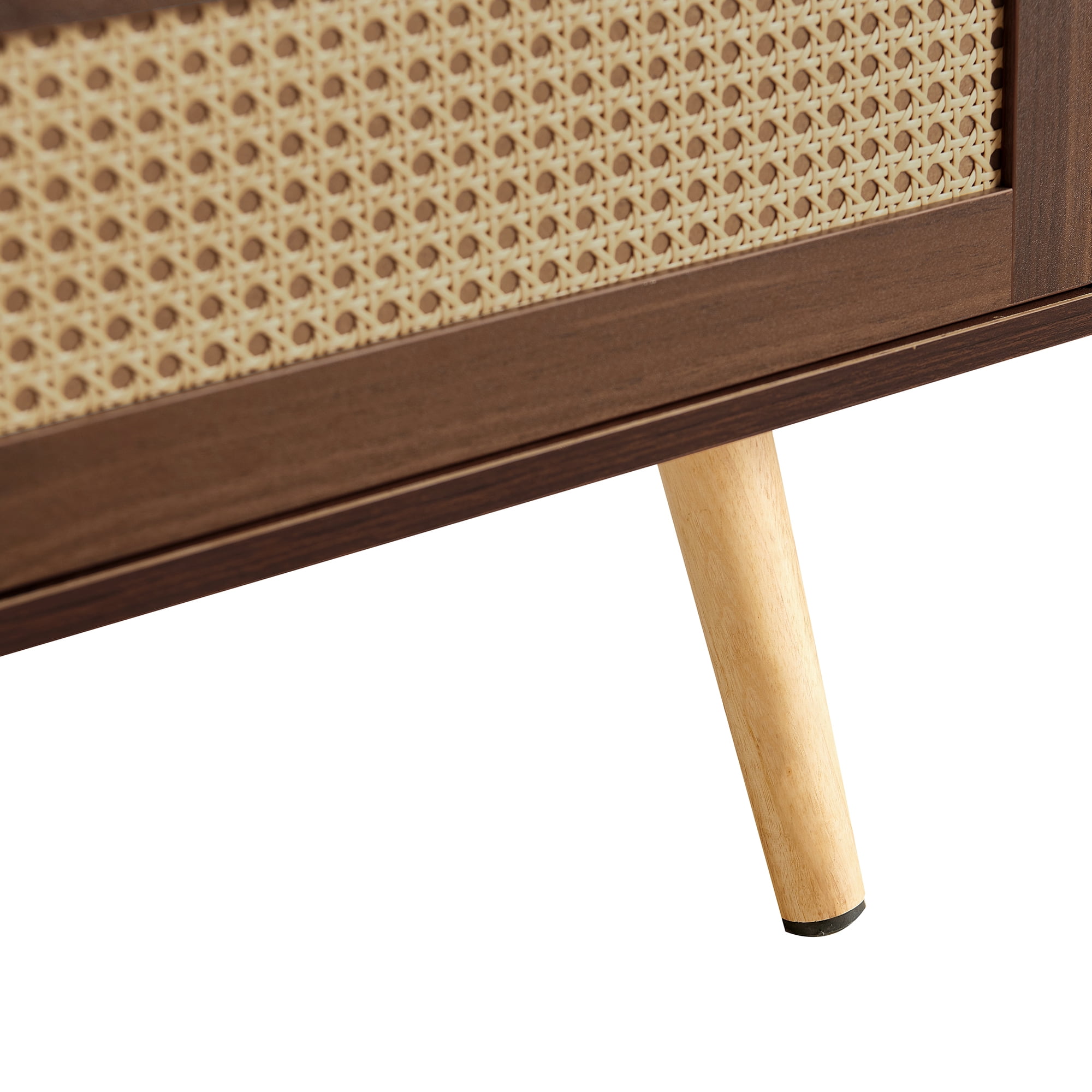 Coffee Table, Living Room Table, Storage Coffee Table with PE Rattan Finish Sliding Door Storage Compartment Solid Wood Legs Adjustable Feet, Walnut