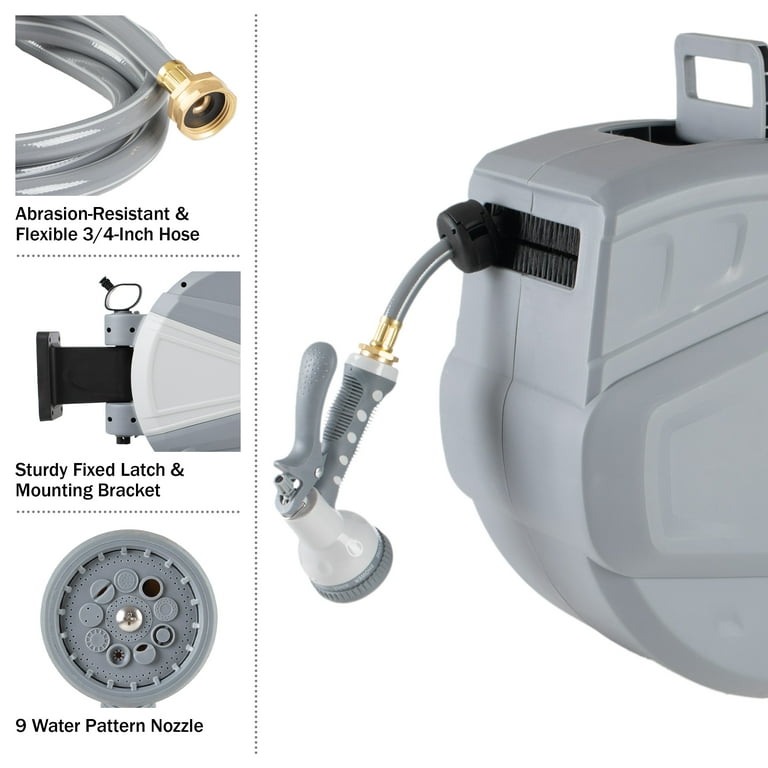 Pure Garden 100 FT Retractable Hose with Wall Reel and 9 Nozzle