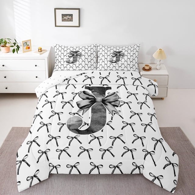 Erosebridal Letter Bow Comforter Sets Queen Size,Monogrammed Initial Bedding Queen Comforter Set,Dreamy Room Decorative,Reversible,Ultra Soft,3 Pieces