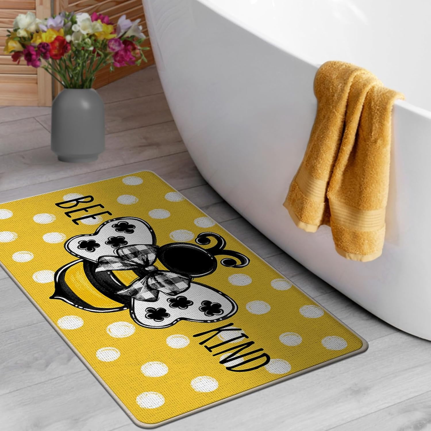 Bee Kind Spring Summer Decorative Front Door Mat, Yellow Polka Dot Doormat Indoor Outdoor Non-Slip Floor Entryway Rug, Bumble Bee Seasonal Home Kitchen Decoration 17x30 Inch