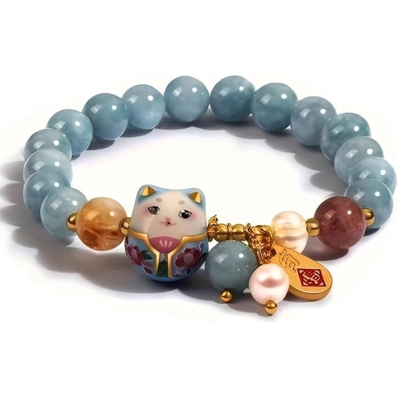Japanese Lucky Cat Bracelet, Cute Hand-Painted Ceramic Maneki Neko with Ice Blue Crystal Beads, Wide-Eyed Kawaii Kitty Good Luck Wealth Amulet, Boho Aesthetic Jewelry Gift for Women Teen Girls (Blue)