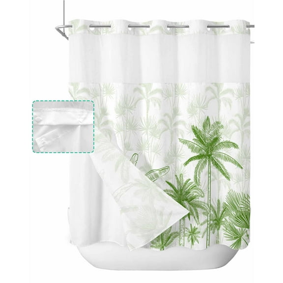 No Hook Shower Curtain with Snap in Liner, Summer Green Palm Banana Tropical Plants Hotel Shower Curtains for Bathroom, Washable Shower Curtain Liner Set with Mesh Top Window, 72"x72"