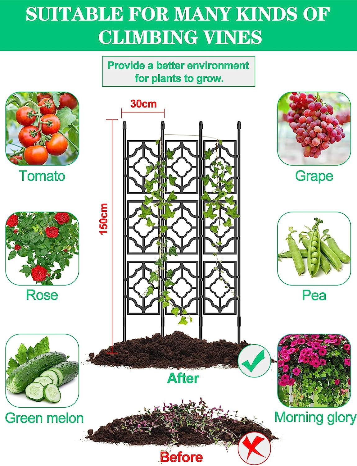 Kalolary Garden Trellis for Climbing Plants, Rustproof Vine Support Frame for Outdoor & Indoor Use, Ideal for Fruits, Vegetables, Flowers, and Potted Plants