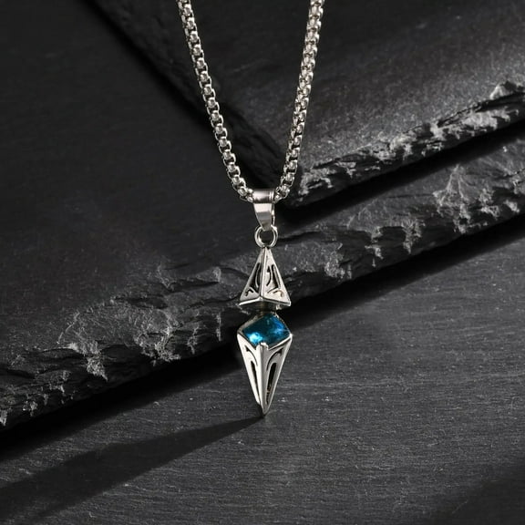 MP Stylish Blue Stone Necklaces for Men,14K White Gold Geometric Pendant Collar,Valentine's Birthday Party Gift for Him