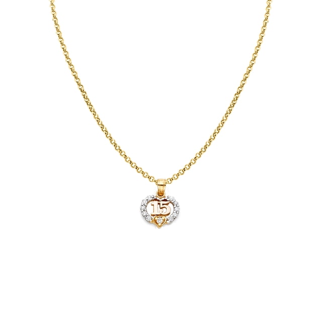 14k Two-tone Gold Cubic Zirconia '15' Heart-shaped Quincinera Pendant with 1.2mm Rolo Chain