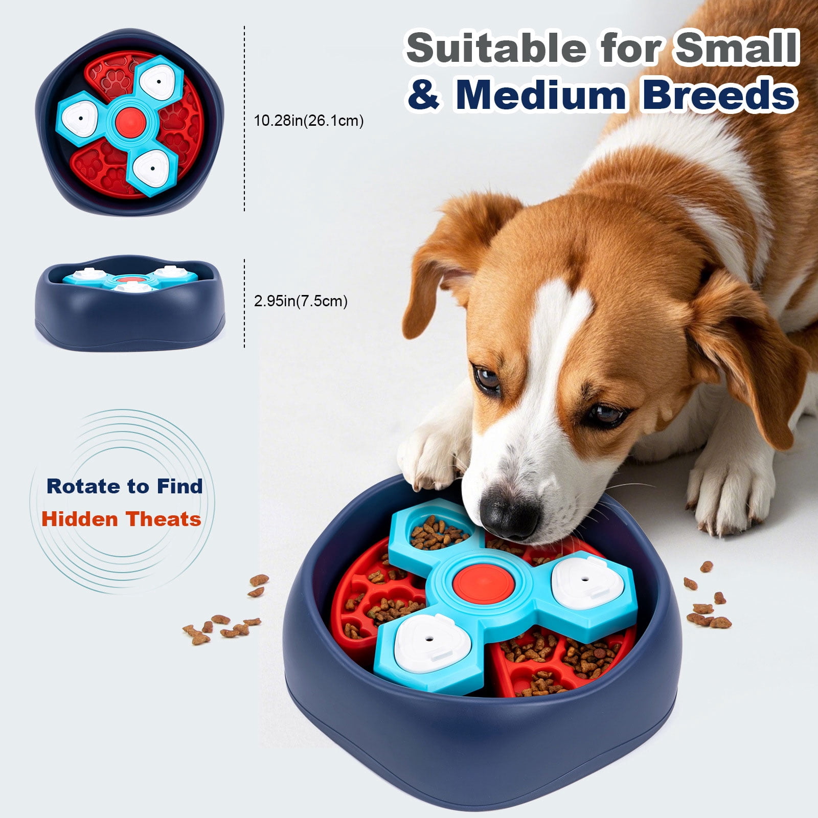 Large Capacity Slow Feed Dog Bowl With 3 Compartment Revolving Sections To Control Eating Speed