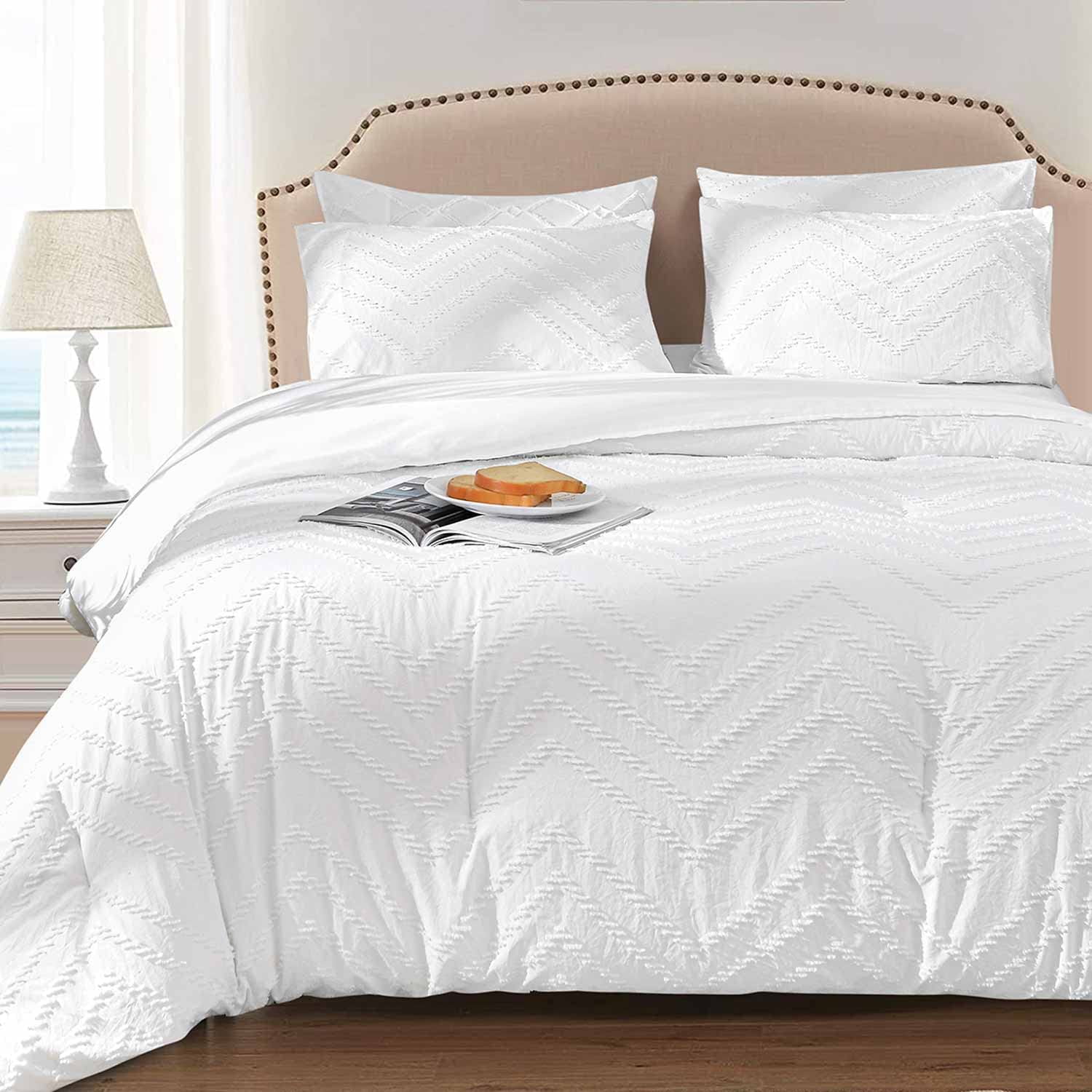 3 Piece Tufted Oversized King Comforter Set 120X120 Breathable White Pom