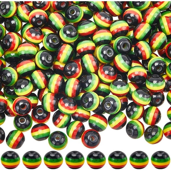 200Pcs Jamaica Beads Striped Bead Bulk 8mm Black Red Green Yellow Resin Round African Reggae Style Mini Loose Spacer Rasta Beads for Jewelry Making Bracelet Necklace DIY Crafts Accessories for making